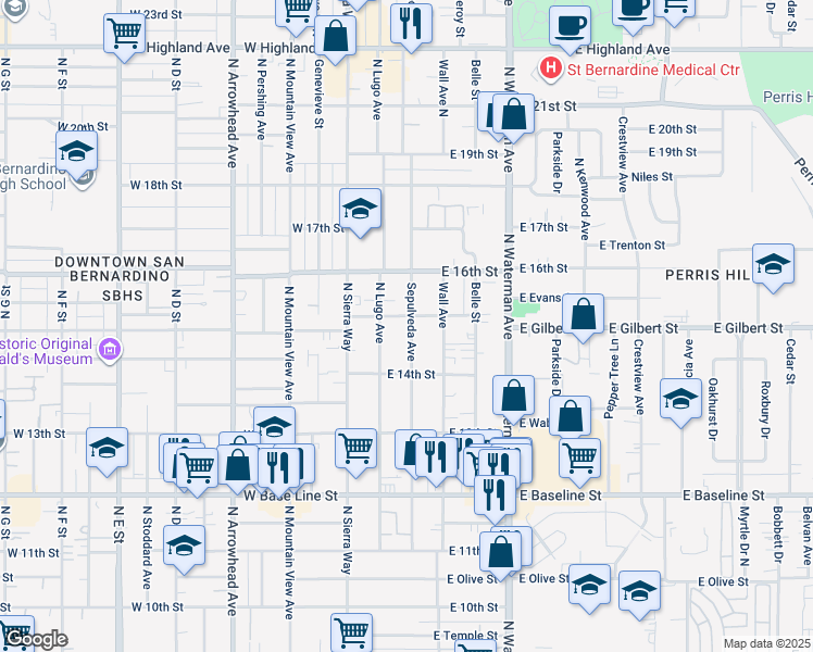map of restaurants, bars, coffee shops, grocery stores, and more near 1474 Sepulveda Avenue in San Bernardino