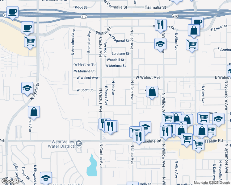 map of restaurants, bars, coffee shops, grocery stores, and more near 588 West Cascade Drive in Rialto