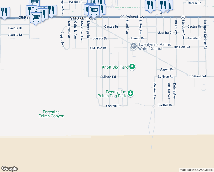 map of restaurants, bars, coffee shops, grocery stores, and more near 6964 Estrella Avenue in Twentynine Palms