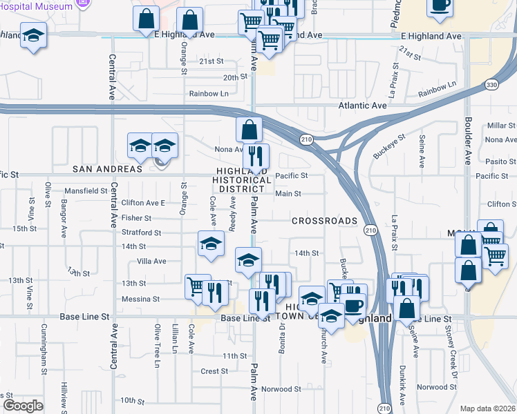 map of restaurants, bars, coffee shops, grocery stores, and more near 6979 Palm Avenue in Highland