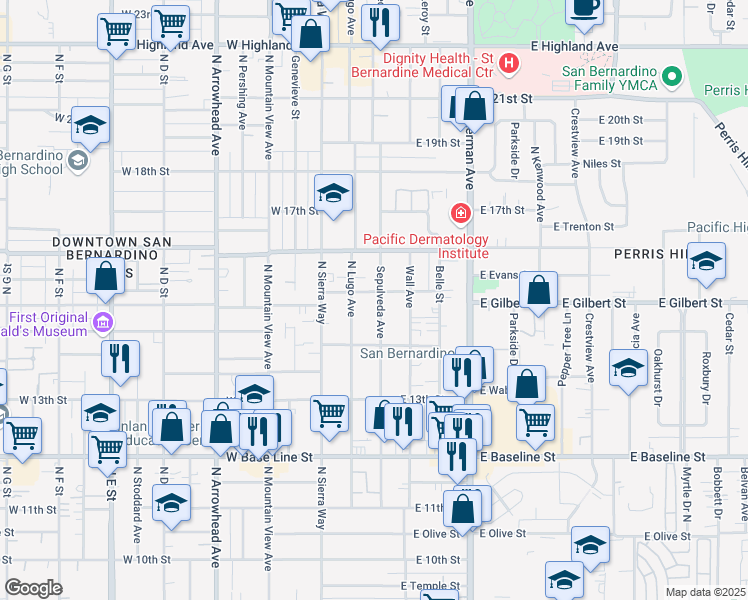 map of restaurants, bars, coffee shops, grocery stores, and more near 1478 Sepulveda Avenue in San Bernardino