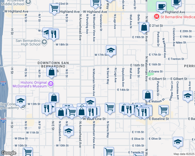 map of restaurants, bars, coffee shops, grocery stores, and more near 180 Magnolia Avenue in San Bernardino