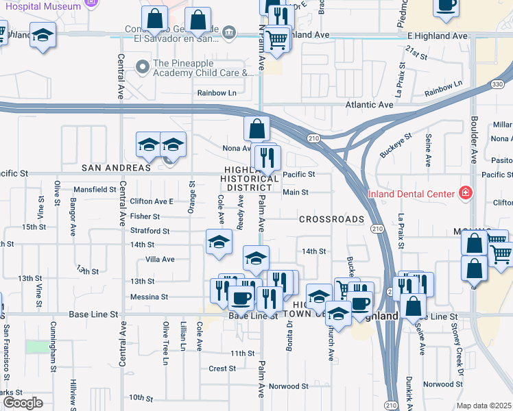 map of restaurants, bars, coffee shops, grocery stores, and more near 27320 Fisher Street in Highland