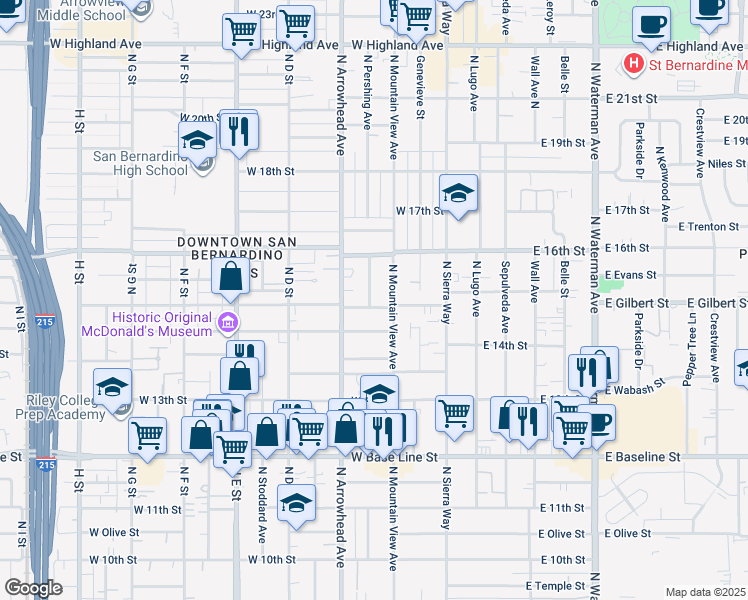 map of restaurants, bars, coffee shops, grocery stores, and more near 233 Magnolia Avenue in San Bernardino