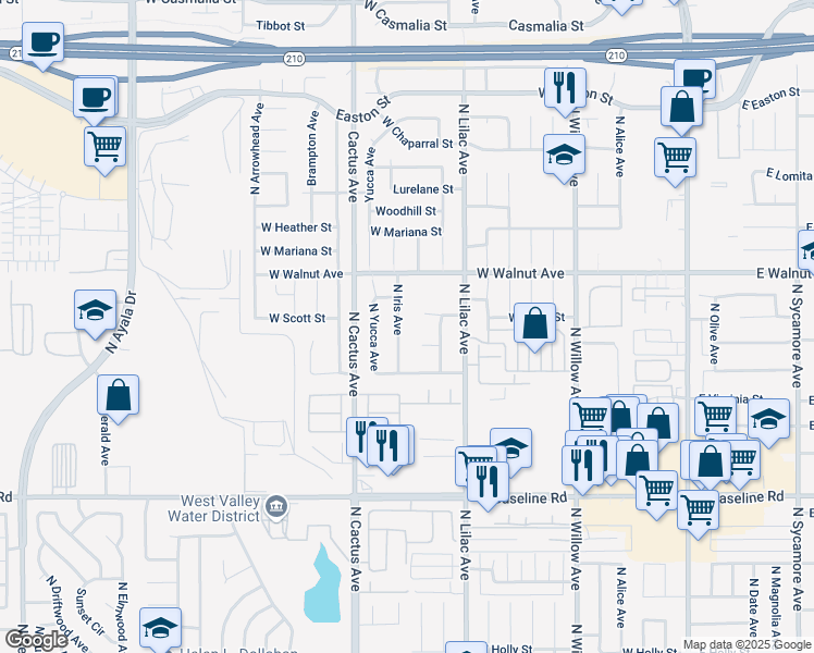 map of restaurants, bars, coffee shops, grocery stores, and more near 588 West Cascade Drive in Rialto