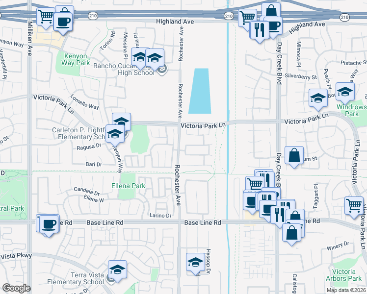 map of restaurants, bars, coffee shops, grocery stores, and more near 11926 Stegmeir Drive in Rancho Cucamonga