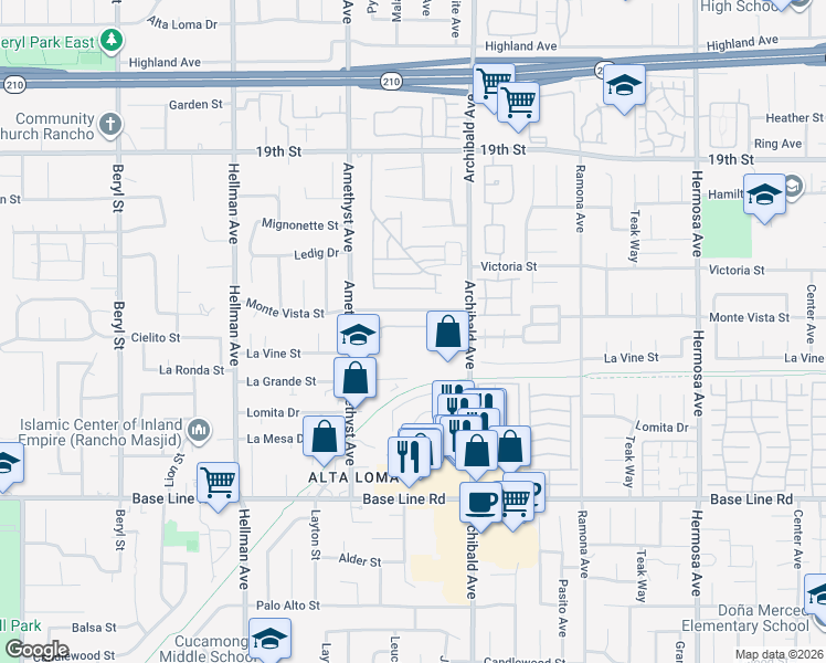 map of restaurants, bars, coffee shops, grocery stores, and more near 7040 Archibald Avenue in Rancho Cucamonga