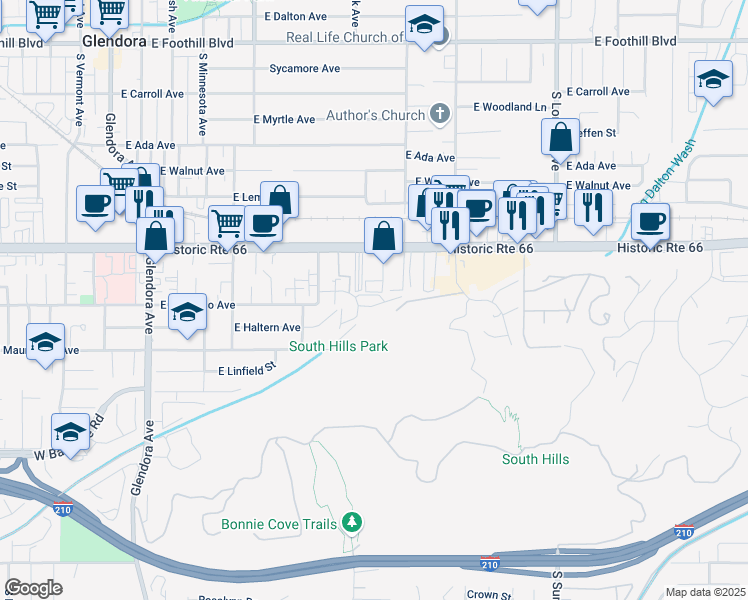 map of restaurants, bars, coffee shops, grocery stores, and more near 726 East Colorado Avenue in Glendora