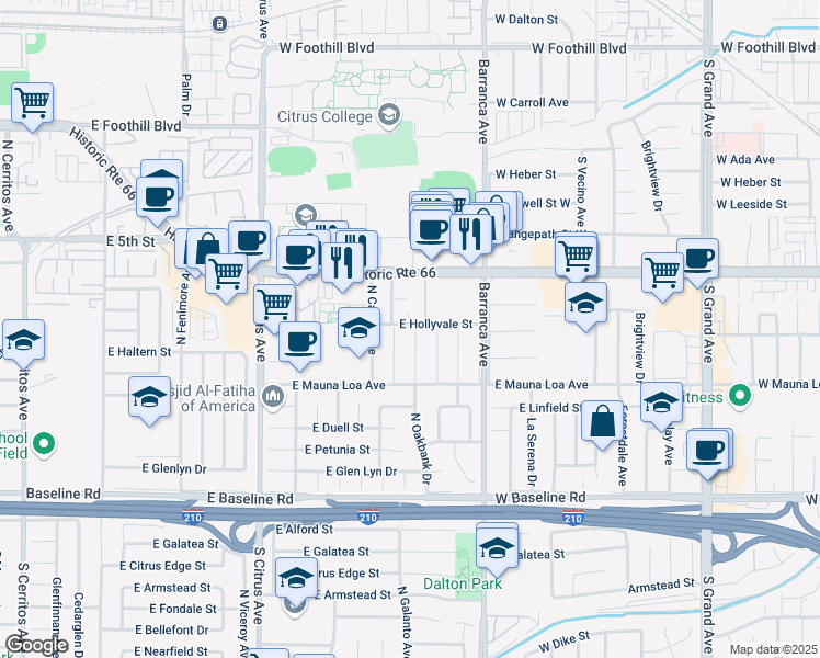 map of restaurants, bars, coffee shops, grocery stores, and more near 6251 North Galanto Avenue in Azusa