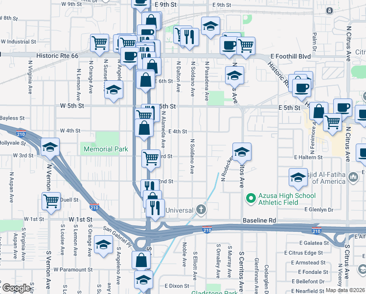 map of restaurants, bars, coffee shops, grocery stores, and more near 306 North Dalton Avenue in Azusa