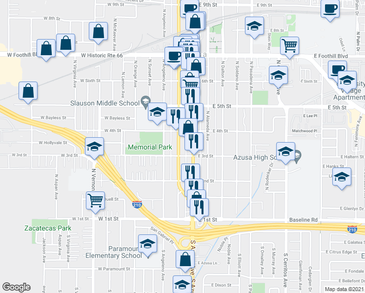 map of restaurants, bars, coffee shops, grocery stores, and more near 301 North San Gabriel Avenue in Azusa