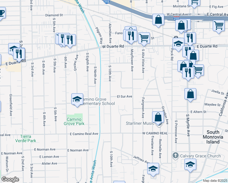 map of restaurants, bars, coffee shops, grocery stores, and more near 1001 El Sur Avenue in Arcadia