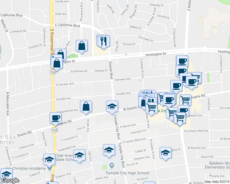 map of restaurants, bars, coffee shops, grocery stores, and more near 1100 Arcadia Avenue in Arcadia