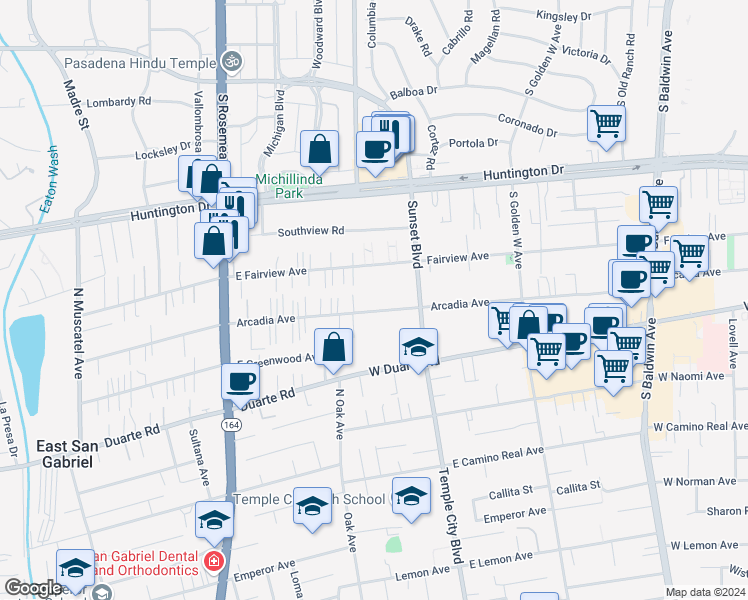 map of restaurants, bars, coffee shops, grocery stores, and more near 1145 Arcadia Avenue in Arcadia