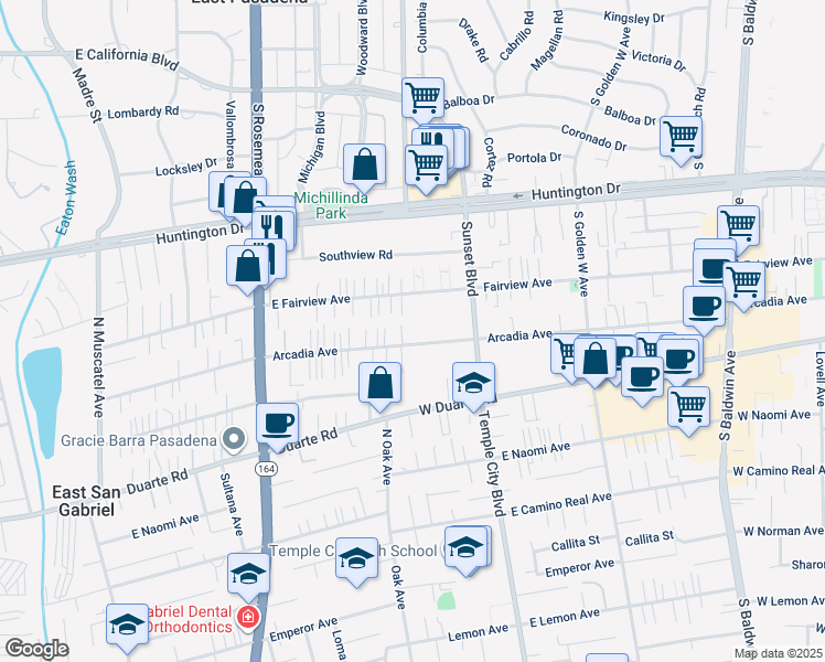map of restaurants, bars, coffee shops, grocery stores, and more near 1145 Arcadia Avenue in Arcadia