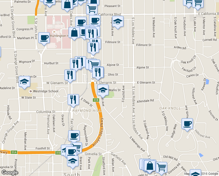 map of restaurants, bars, coffee shops, grocery stores, and more near 275 Wallis Street in Pasadena