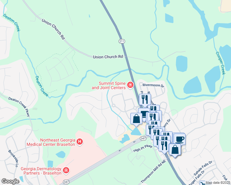 map of restaurants, bars, coffee shops, grocery stores, and more near 6018 Cloverfield Way in Braselton
