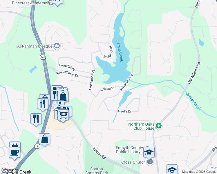 map of restaurants, bars, coffee shops, grocery stores, and more near 1480 Laleiah Drive in Cumming