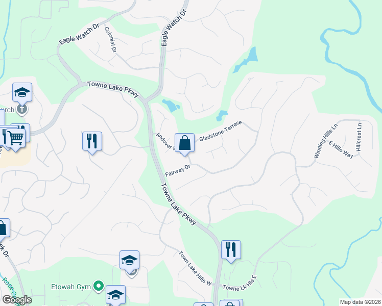 map of restaurants, bars, coffee shops, grocery stores, and more near 2817 Andover Way in Woodstock