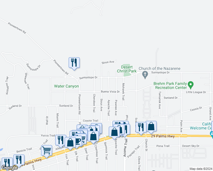map of restaurants, bars, coffee shops, grocery stores, and more near 6972 Apache Trail in Yucca Valley