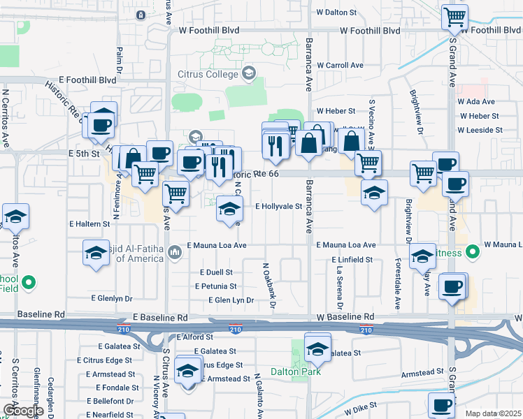 map of restaurants, bars, coffee shops, grocery stores, and more near 6251 North Galanto Avenue in Azusa