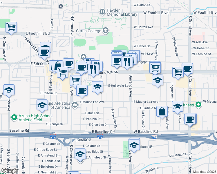 map of restaurants, bars, coffee shops, grocery stores, and more near 6251 North Galanto Avenue in Azusa