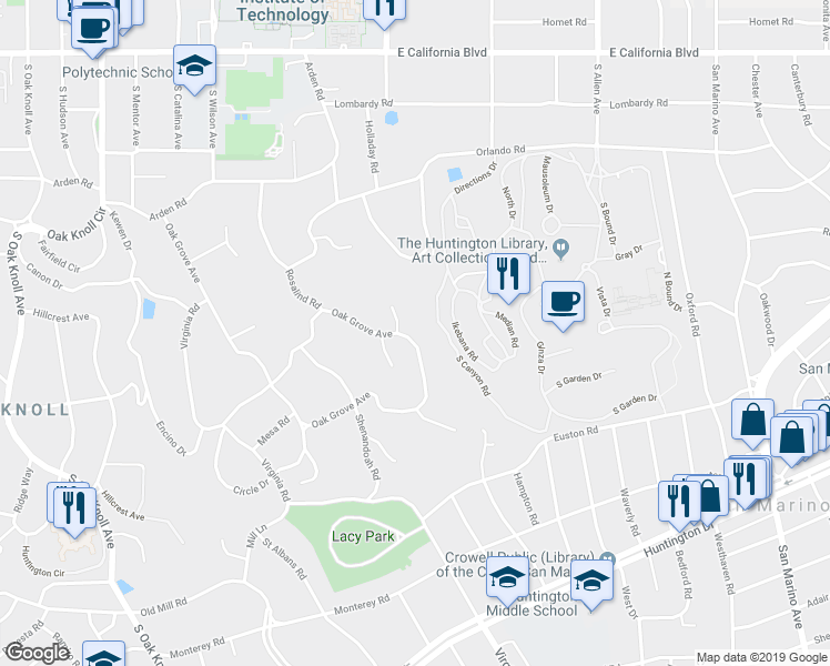 map of restaurants, bars, coffee shops, grocery stores, and more near 1660 Oak Grove Avenue in San Marino