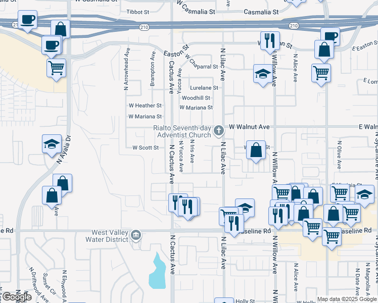 map of restaurants, bars, coffee shops, grocery stores, and more near 1504 North Iris Avenue in Rialto