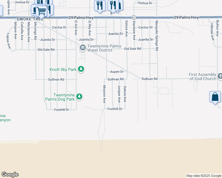 map of restaurants, bars, coffee shops, grocery stores, and more near 6972 49 Palms Avenue in Twentynine Palms