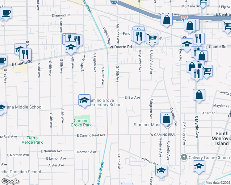 map of restaurants, bars, coffee shops, grocery stores, and more near 1001 El Sur Avenue in Arcadia
