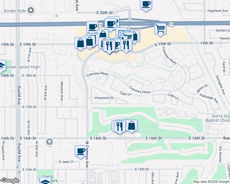 map of restaurants, bars, coffee shops, grocery stores, and more near 1039 Viewpoint Street in Upland