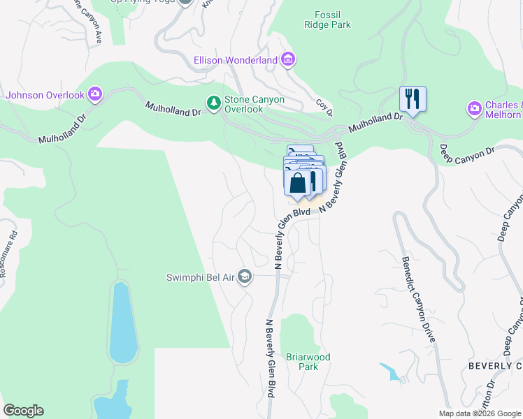 map of restaurants, bars, coffee shops, grocery stores, and more near 2968 Nicada Drive in Los Angeles