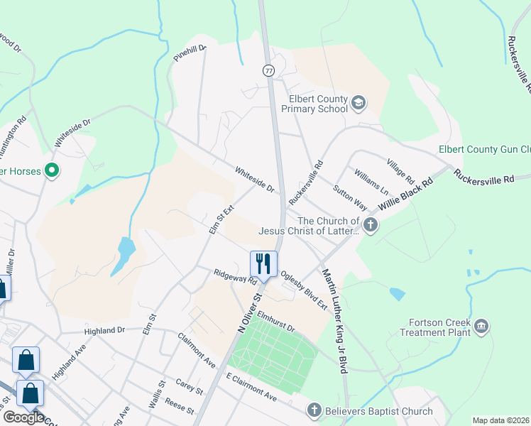 map of restaurants, bars, coffee shops, grocery stores, and more near 1041 Hartwell Highway in Elberton