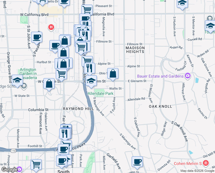map of restaurants, bars, coffee shops, grocery stores, and more near 275 Wallis Street in Pasadena