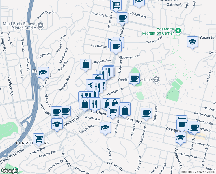 map of restaurants, bars, coffee shops, grocery stores, and more near 4526 North Eagle Rock Boulevard in Los Angeles