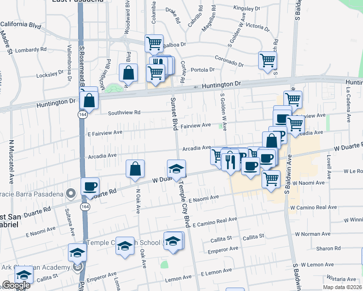 map of restaurants, bars, coffee shops, grocery stores, and more near 1058 Sunset Boulevard in Arcadia