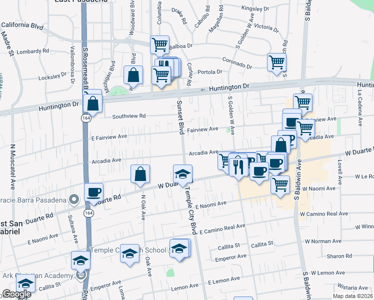 map of restaurants, bars, coffee shops, grocery stores, and more near 1058 Sunset Boulevard in Arcadia