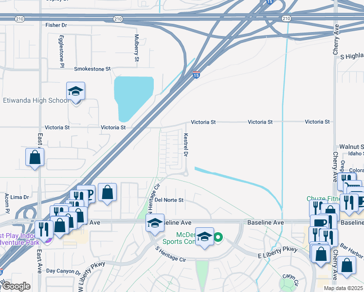 map of restaurants, bars, coffee shops, grocery stores, and more near Bell Way in Fontana
