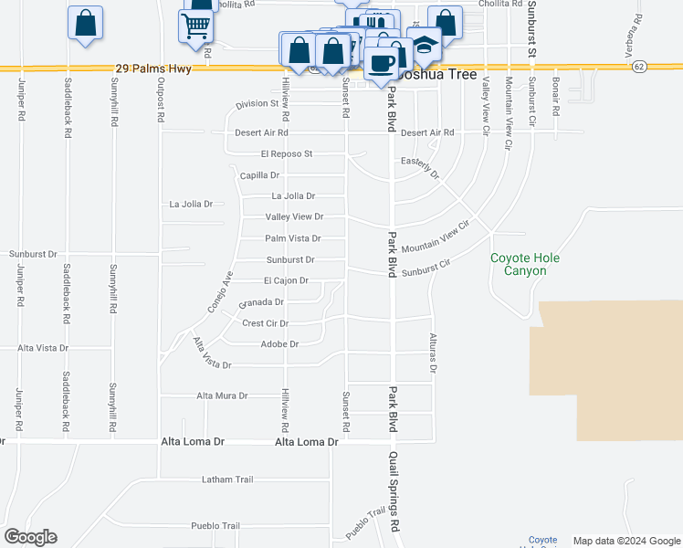 map of restaurants, bars, coffee shops, grocery stores, and more near 6898 Sunset Road in Joshua Tree