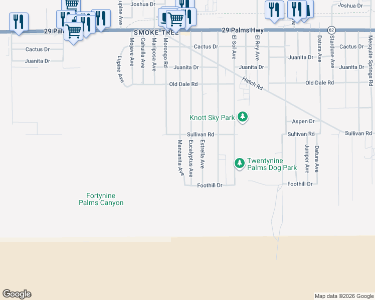 map of restaurants, bars, coffee shops, grocery stores, and more near 6962 Eucalyptus Avenue in Twentynine Palms