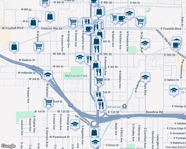 map of restaurants, bars, coffee shops, grocery stores, and more near 316 North San Gabriel Avenue in Azusa