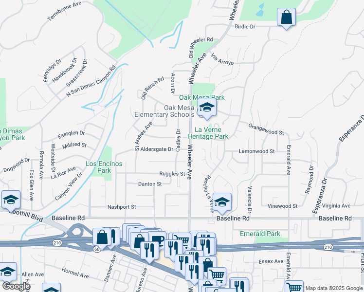 map of restaurants, bars, coffee shops, grocery stores, and more near 1355 Aldersgate Drive in La Verne