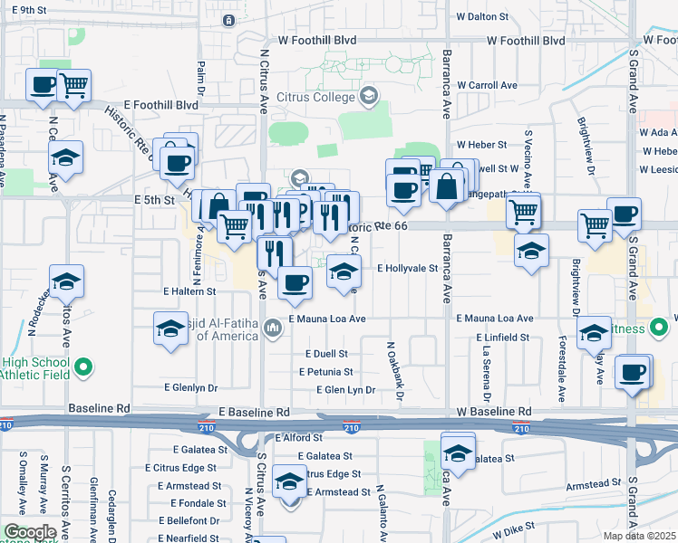 map of restaurants, bars, coffee shops, grocery stores, and more near 363 North Calera Avenue in Azusa