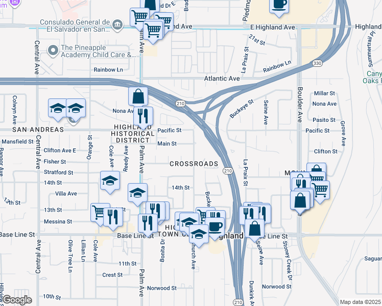 map of restaurants, bars, coffee shops, grocery stores, and more near 6986 Church Avenue in Highland