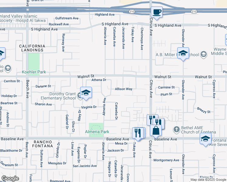 map of restaurants, bars, coffee shops, grocery stores, and more near 15861 Allison Way in Fontana