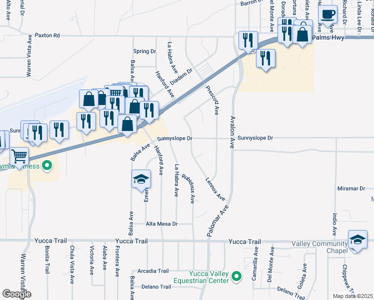 map of restaurants, bars, coffee shops, grocery stores, and more near 6946 Lennox Avenue in Yucca Valley