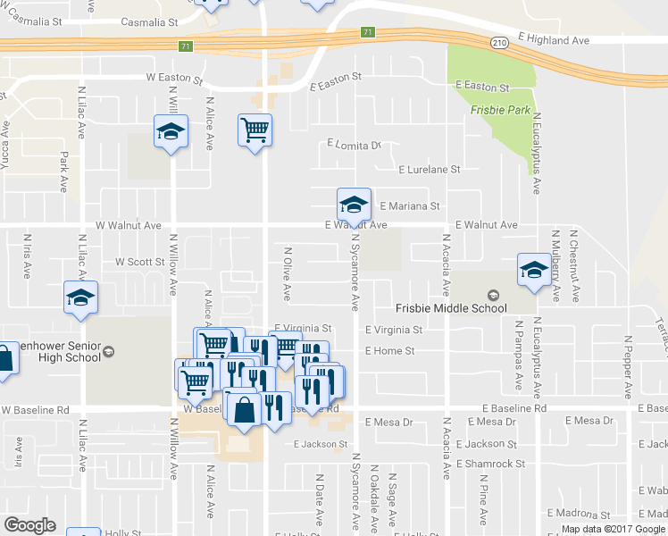 map of restaurants, bars, coffee shops, grocery stores, and more near 251 East Scott Street in Rialto