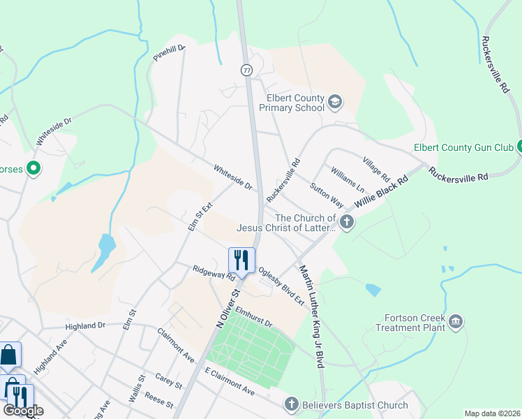 map of restaurants, bars, coffee shops, grocery stores, and more near 1041 Hartwell Highway in Elberton