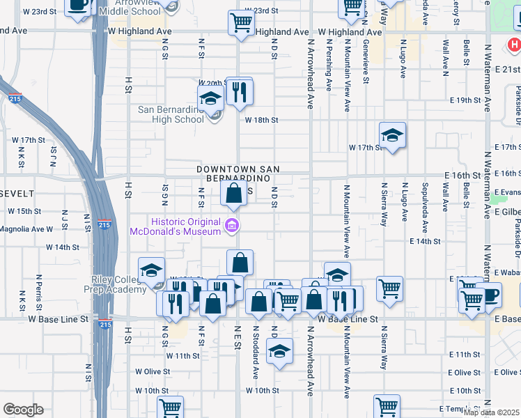 map of restaurants, bars, coffee shops, grocery stores, and more near 442 Magnolia Avenue in San Bernardino