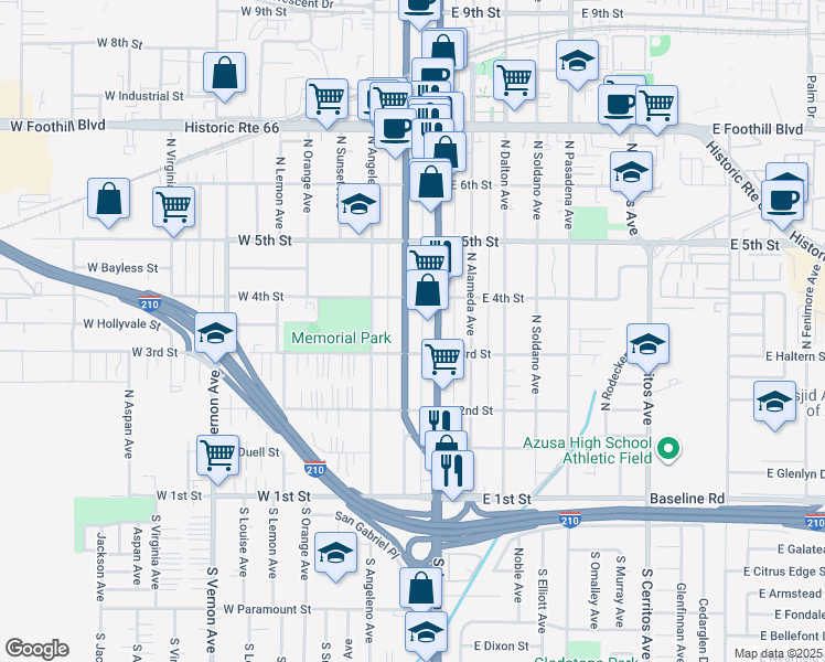 map of restaurants, bars, coffee shops, grocery stores, and more near 316 North San Gabriel Avenue in Azusa